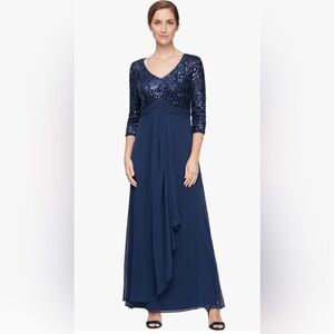 Alex Evenings Navy Blue Sequin Embellished Gown | V-Neck | Empire Waist